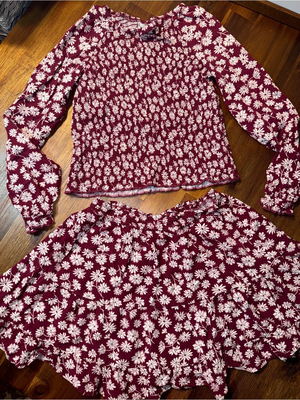 Girls' Floral Burgundy Long-Sleeve Smocked Dress - Picture 6 of 11